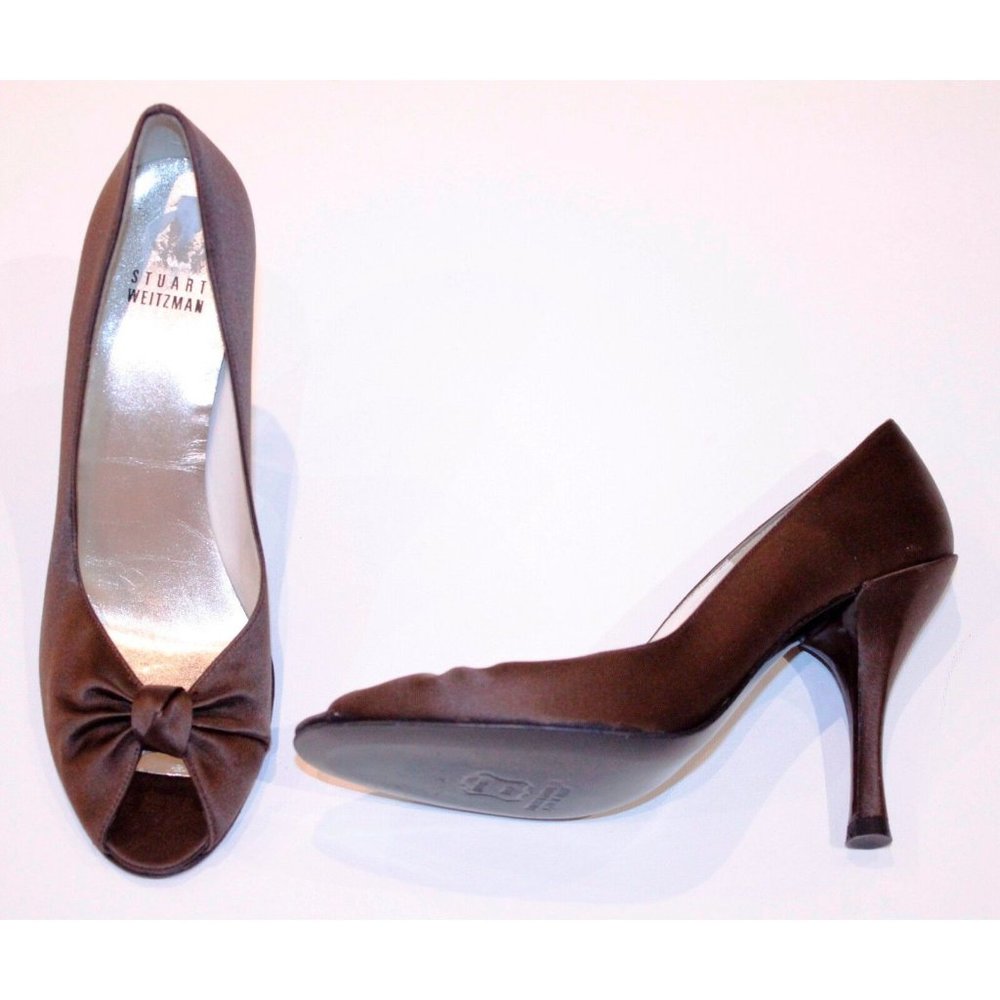 STUART WEITZMAN Brown SATIN Peep Toe SHOES PUMP Heels ( 8 )